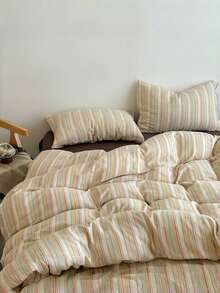 Cirelle Juego de ropa de cama de 3 piezas con estampado a cuadros y rayas de poliéster grueso, adecuado para niños, niñas, dormitorios, habitaciones, con cierre de cremallera, para todas las estaciones, suave y transpirable (incluye 1 funda nórdica, 2 fundas de almohada, sin relleno interior)