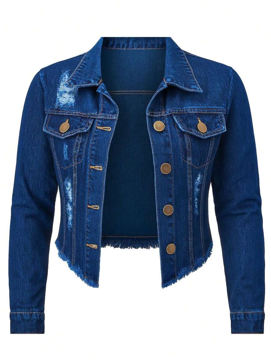 Women's Denim Jacket, Long Sleeve, Beige, Frayed, Premium Line - Shredded Dark - Xem 1
