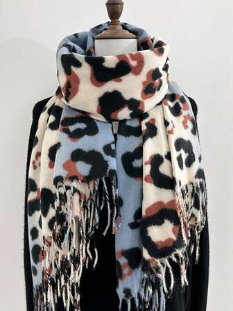 1 PC Women's New Leopard Print Scarf Tassels Cashmere Feel Winter Outdoor Thick Warm Scarves,As A Gift For The Coming Halloween Women Winter Scarves