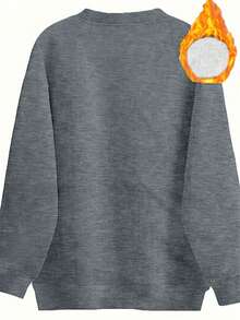 Casual Thermal Lined Loose Fit Pullover Sweatshirt, Solid Color, Autumn/Winter, European And American Style