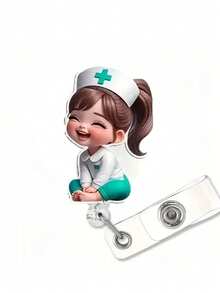 2D 平面亚克力护士女孩证件卡套 - 可伸缩卡扣，耐用标签，适合医学生和执业护士 - 耐用 PMMA 材质，适用于工作场所身份识别、医疗标签夹 | 趣味设计 | 耐用亚克力材质，护士配件，返校季，教师礼物 - 彩色 - 查看 2