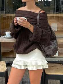 女士纯色露肩休闲套头冬季毛衣