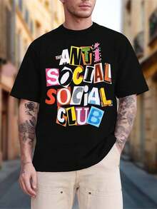 Anti-Social Club Men's Summer Cotton Comfort Lightweight Pure Natural Position Printing Unique Pattern Design Suited For Casual Outdoor Sports, Fitness, And Gift Giving - 黑色 - 查看 2