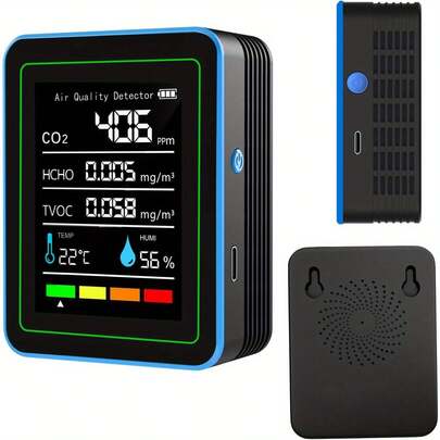 Indoor Air Quality Monitor 5 In 1, Household Air Detector, Portable CO2, TVOC, HCHO, Humidity & Temperature Tester For Home, School, Hotel, Office, Automobile (Blue + Black)
