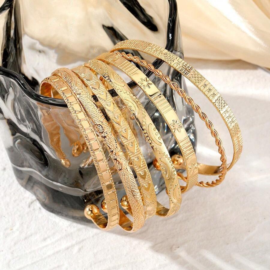 7pcs Elegant Twisted Star Pattern Women's Bracelets - Minimalist Fashion Versatile All-Season Accessory, Casual Vacation Style - 金色 - 查看 1