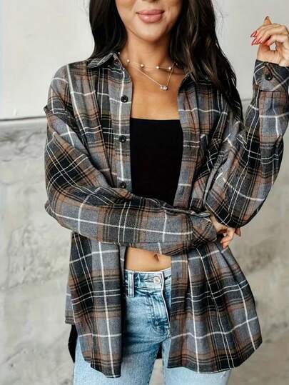 Women's Elegant Versatile Commuter Casual Plaid Shirt - Long Sleeve, Skin-Friendly Soft Comfortable Fabric, Front Button, Loose Fit Top With Pockets, Fashionable Look, Suitable For Casual Wear Or Going Out At Night, Women's Blouse Top For Spring/Summer/Autumn/Winter