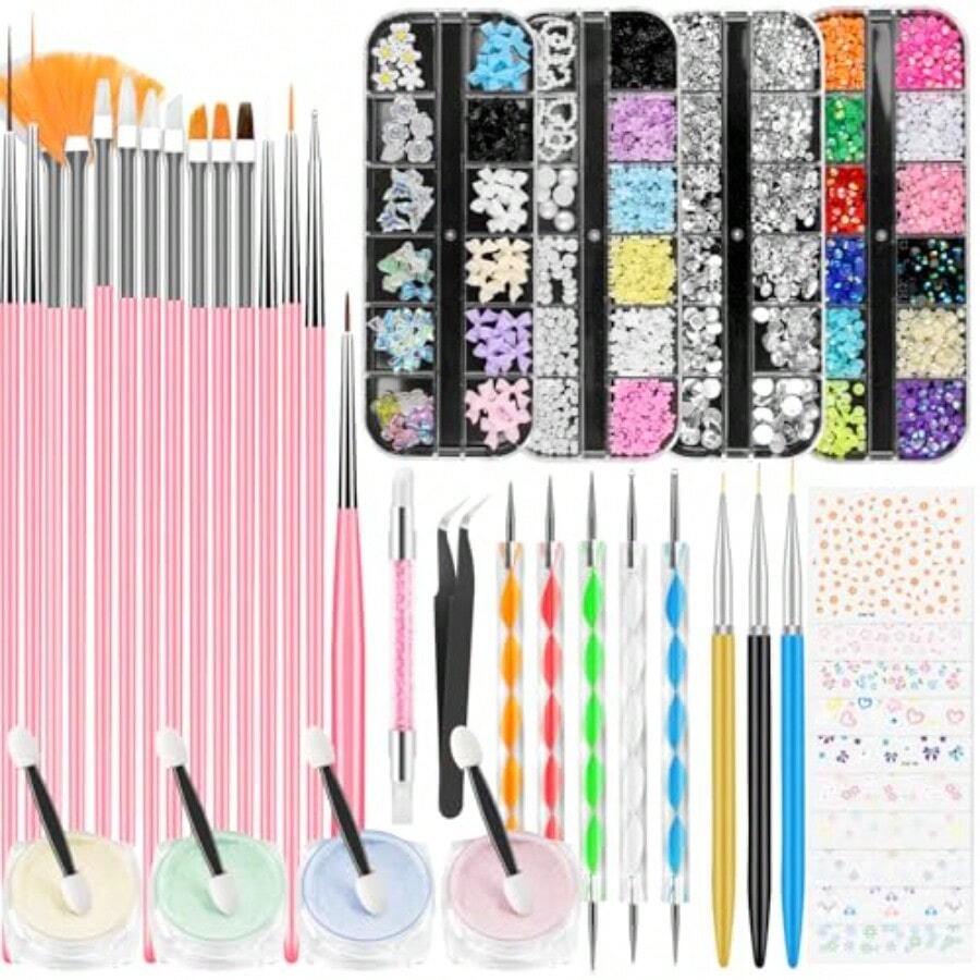 Nail Kit For Beginners With Everything Nail Art Brushes Dotting Tools Liner Brushes Nail Decorating Kit Chrome Nail Powder Nail Charms Gems Rhinestones Nail Stuff Supplies For Nail Techs - 彩色 - 查看 1