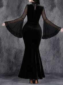 Robe de fête pour femme style gothique sexy, sombre et romantique, thème Halloween sorcière, manches longues transparentes, jeu de rôle mariée fantôme, mariage sombre, empiècement dentelle et velours, coupe sirène - Noir - Voir 3