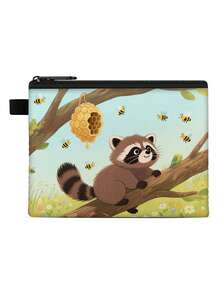 1 pieza Monedero compacto con cremallera, bolsa con cremallera de poliéster resistente y de moda, diseño de estampado gráfico de mapache lindo, ideal para guardar monedas y pequeños artículos esenciales, cierre , regalo de novedad, material duradero, fácil de cuidar, regalo festivo/navideño