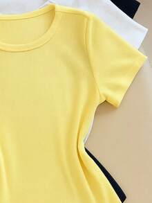 Kit 3 Women's Ribbed Blouses, Baby Tee, Basic Short Sleeve Babylook Colors  2025 - Yellow/White/Black - View 3