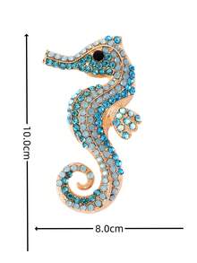 1pc Vintage Autumn/Winter Cute Rhinestone Seahorse Brooch, Creative Ocean Animal Clothing Accessory Pin Halloween Halloween Accessories Teachers Day00 Christmas Gift - Opal Blue - View 4