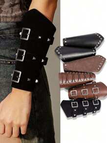 1pc Leather Wrist Cuff, Unisex Decorative Wristband, Rivet Decor Retro Punk Knight Wrist Accessory For Stage Costume, Holiday Outfit, COS Arm Sleeve Halloween Costumes Black Arm Sleeve Gifts For Men