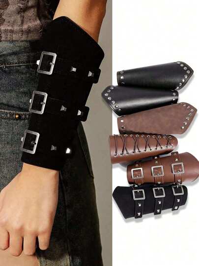 1pc Leather Wrist Cuff, Unisex Decorative Wristband, Rivet Decor Retro Punk Knight Wrist Accessory For Stage Costume, Holiday Outfit, COS Arm Sleeve Halloween Costumes Black Arm Sleeve Gifts For Men