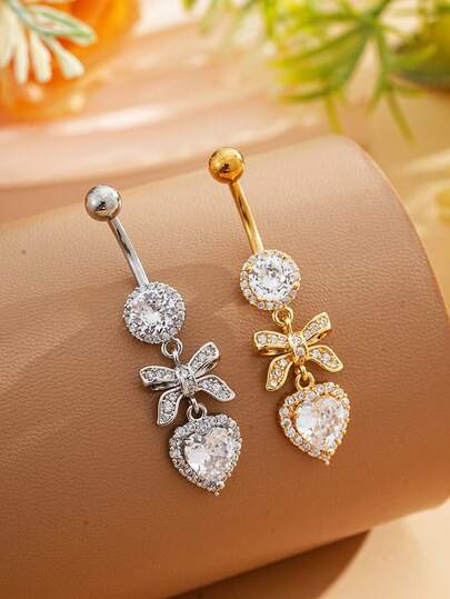1pc 18K Gold Plated Stainless Steel Bowknot Heart Shaped Navel Belly Button Ring Pendant, Sexy Daily Wear Jewelry For Women
