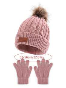 1 Set (1 Hat + 1 Pair Gloves) Kids Knit Hat With Leather Label, Autumn/Winter - 1PC - View 3