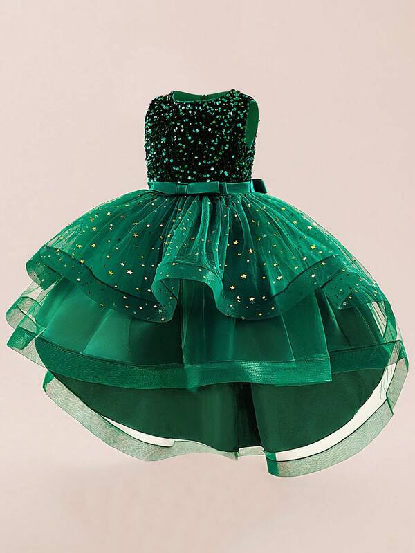Young Girls Sleeveless Round Neck Sequin Bow Tulle Trailing Puffy Dress, Elegant & For Weddings And Parties, Excluding Hair Accessories
