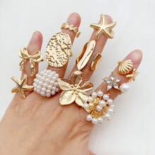 Bộ 15 chiếc nhẫn kim loại hình trái tim hình giọt nước nhiều lớp hình học không đối xứng có họa tiết lỏng, phong cách tối giản, thiết kế cổ điển thanh lịch, thích hợp cho ngày lễ, tiệc tùng, hẹn hò, làm quà tặng, đeo hàng ngày - Bộ nhẫn sao biển - Xem 3