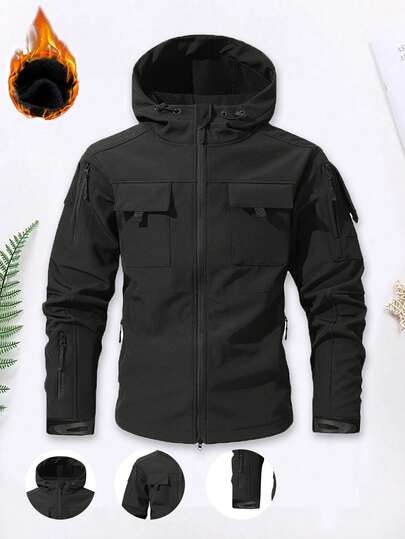 男士黑色保暖连帽工装夹克，多口袋设计，拉链款式，适合秋冬季户外活动、滑雪等场合。