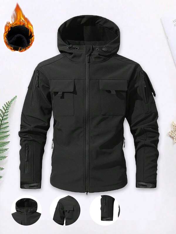 1 Stück Herren Schwarze Thermofutter Cargo Jacke mit Mehreren Taschen, Reißverschluss Design, Kapuze Oberbekleidung für Herbst/Winter Outdoor, Fleece