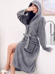 Women's Hooded Bathrobe, Solid Color Coral Fleece Long Robe With Pockets & Belt, Cozy Plush Absorbent Winter Dressing Gown Loungewear, Perfect For Daily Home Wear, Wedding Anniversary Bridal Shower Bachelorette Party, Home Bathroom Hotel Pool Spa Sauna - Gray Appliquéd Bathrobe - View 12