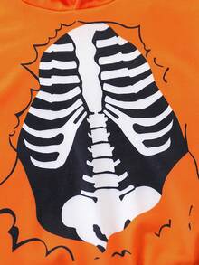 2 件套年轻男孩休闲骷髅印花长袖连帽衫和裤子套装，适合休闲、运动、日常穿着、户外、学校、春秋季 - 橘色 - 查看 5