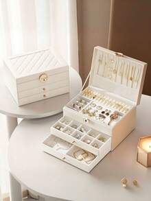 1pc Luxury Diamond Pattern Lockable 3/2/1 Compartment Jewelry Box, Multilayer Jewelry Box With Lock, Jewelry Storage Box, Earring & Jewelry Organizer, Vanity, Bedroom Accessory, Home Organization & Storage, Room Decor, Gift For Women