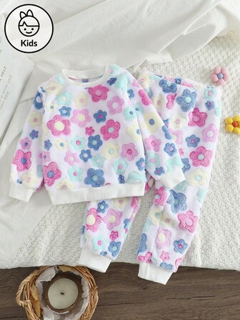 2 件套幼儿女童羊毛睡衣套装，花卉图案圆领长袖上衣和休闲抽绳长裤睡衣，秋冬