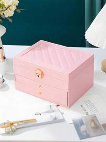 1pc Luxury Diamond Pattern Lockable 3/2/1 Compartment Jewelry Box, Multilayer Jewelry Box With Lock, Jewelry Storage Box, Earring & Jewelry Organizer, Vanity, Bedroom Accessory, Home Organization & Storage, Room Decor, Gift For Women