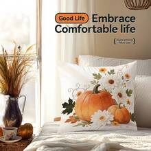1pc Thanksgiving Pumpkin & Floral Single-Sided Printed Throw Pillow Cover - Peach Velvet Cushion Cover 45*45cm
