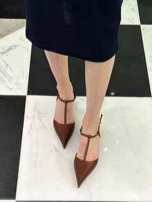 女款尖頭涼鞋，舒適低跟夏季 PU 鞋面配橡膠底，百搭黑色休閒與正式鞋款，厚底設計，優雅造型，耐穿輕量，適合辦公穿著 - 棕色 - 查看 4