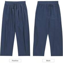 ESTAMICO Men's Cotton Linen Casual Yoga Pants Loose Fit Elastic Drawstring Waist Summer Beach Pant - Đen + xanh navy (Gói 2) - Xem 2