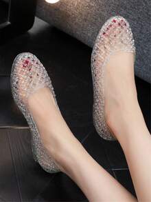 Women's Flat Sandals, New Hollow Out Crystal Jelly Shoes, Waterproof Plastic Shiny Beach Shoes
