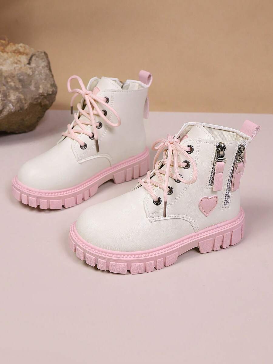1 Pair Girls' Pink Boots, Solid Color Soft Matte Fabric, Heart-Shaped Decor, Side Zipper, Front Lace-Up, Round Toe, Warm Thick Sole, Anti-Slip, British Style Fashion Ankle Boots, Suitable For Female Students Daily Casual, Holiday, Party Wear, Autumn/Winter New Arrival - White - View 1