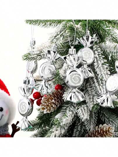6pcs Silver Plated Candy Ornaments, 10cm/3.94inch Length Candy Hanging Decorations, Christmas Candy Ornaments, Christmas Party Decor, Silver Candy Home Decor Pendants, Christmas Wreath Gifts Suitable For Christmas & New Year