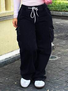 Women's Mid-Rise Non-Stretch Cargo Denim Pants | Drawstring Elastic Waist Baggy Wide Leg Utility Non-Stretch Denim Cargo Jeans - 黑色 - 查看 1
