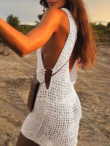 女式夏季波西米亚风性感镂空休闲透视无袖修身露背设计罩衫短款连衣裙 - 白色 - 查看 4