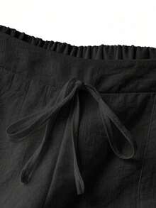 1pc Women's Casual French Style White Linen Texture Flowy Soft Pocket Pants, Spring/Summer - màu đen - Xem 4
