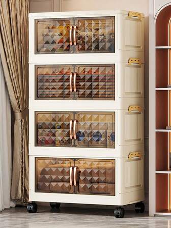 1pc 50cm/19.69in Wide Folding Storage Cabinet, Clothes Closet Storage Box, Portable Wardrobe, Double Door Folding Box, 1-6 Layers Optional, Thickened Double Door With Wheels Storage Cabinet, Free Installation Home Organizer Rack, Clothes & Toys Plastic Folding Storage Cabinet