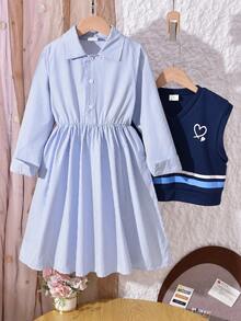 Vihyde 2 pezzi/set Abito camicia a righe e gilet con stampa a cuore, stile scolastico per ragazze adolescenti, autunno/inverno