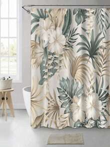 1pc Gold & Green Floral Waterproof Polyester Shower Curtain, Includes 12 Hooks, Bathroom Accessory & Decor Bathroom Decor