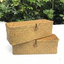 1pc Handwoven Seaweed Storage Basket, Wicker Frame With Lid, Rectangular Small Storage Box, Desktop Organizer, Home/Kitchen/Bathroom/Bedroom Decor (Style Sent Randomly) - Ginger - View 10
