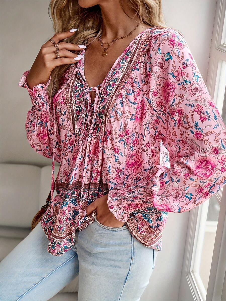 Women's Casual Boho Floral Print Long Sleeve Blouse, Tie Neck Ruffle Cuff Loose Top For Spring Summer Outfits - Pink - View 1