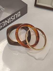 3pcs Fashionable Vintage Creative Geometric Wooden Resin Metal Bracelet Set, Suitable For Women Daily Casual/Party Wear - Multicolor - View 10