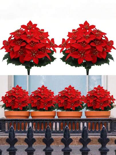 4 peças de flores artificiais de Natal, poinsétia com folhas e caules, buquê de flores artificiais de Natal, arbusto artificial, flores vermelhas de Natal, para decoração de interiores e exteriores, decoração de jardim para varanda, decoração de quarto, decoração de árvore de Natal, decoração de centro de mesa, decoração de festa de casamento, decoração de Natal