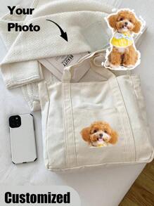 Personalized Pet Photo And Name Tote Bag, Large Capacity Shoulder Bag For Work, Travel, College Students Letter Portable, Multifunction, Versatile, Lightweight, Functional, Practical For Anniversaries, For Christmas, For Fall/Autumn, For Holiday/ Vacation, For Outdoors/Outings/Travel/Hiking/Stadium/Sports/Climbing,All-Purpose,Large Capacity,Versatile,Multifunction,Colorful,Cute,Adorable,Contracted,Funny,Kawaii,Y2K,Minimalist,Commuting,Business Casual,Basics,Custom,Personalized,Unique,Customized,Ideal Gifts For Him,Ideal Gifts For Her,Her,Family,Friends,Girlfriend,For Anniversaries,For Birthdays,For Holiday/ Vacation,For Outdoors/Outings/Travel/Hiking/Stadium/Sports/Climbing,For Business/Commute/Work/Office,Vacation