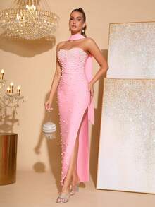 Elegant Beaded Decor Strapless High Slit Bridesmaid Dress, Bandage Party Gown - Pink - View 5