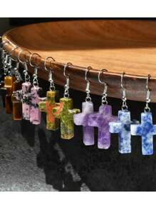 9 Pairs Of Fashionable Natural Stone Crystal Ear Studs, Women's Jade Cross-Shaped Earrings, Retro Earrings, Suitable For Daily Wear, Gifts For Both Men And Women