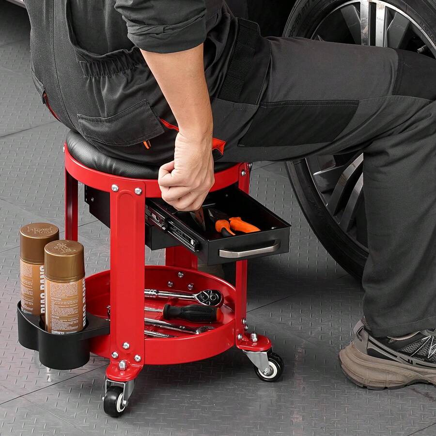 Rolling Mechanic Stool With Wheels, 300 Lbs Capacity Garage Seat/Work Stool, Padded Roller Creeper Seat With Fixed Height, Tool Tray And 2 Drawers, For Garage, Shop & Auto Repair, Red+Black - Soft cushion with 2 drawers + 1 tray - 查看 1
