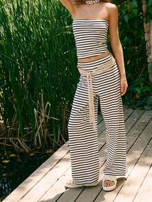 Women's 2 Piece Striped Sets Strapless Crop Top Elastic Waist Wide Leg Long Pants Y2k Casual Comfy Loungewear Set Summer Streetwear Vacation Outfit - 白色 - 查看 1