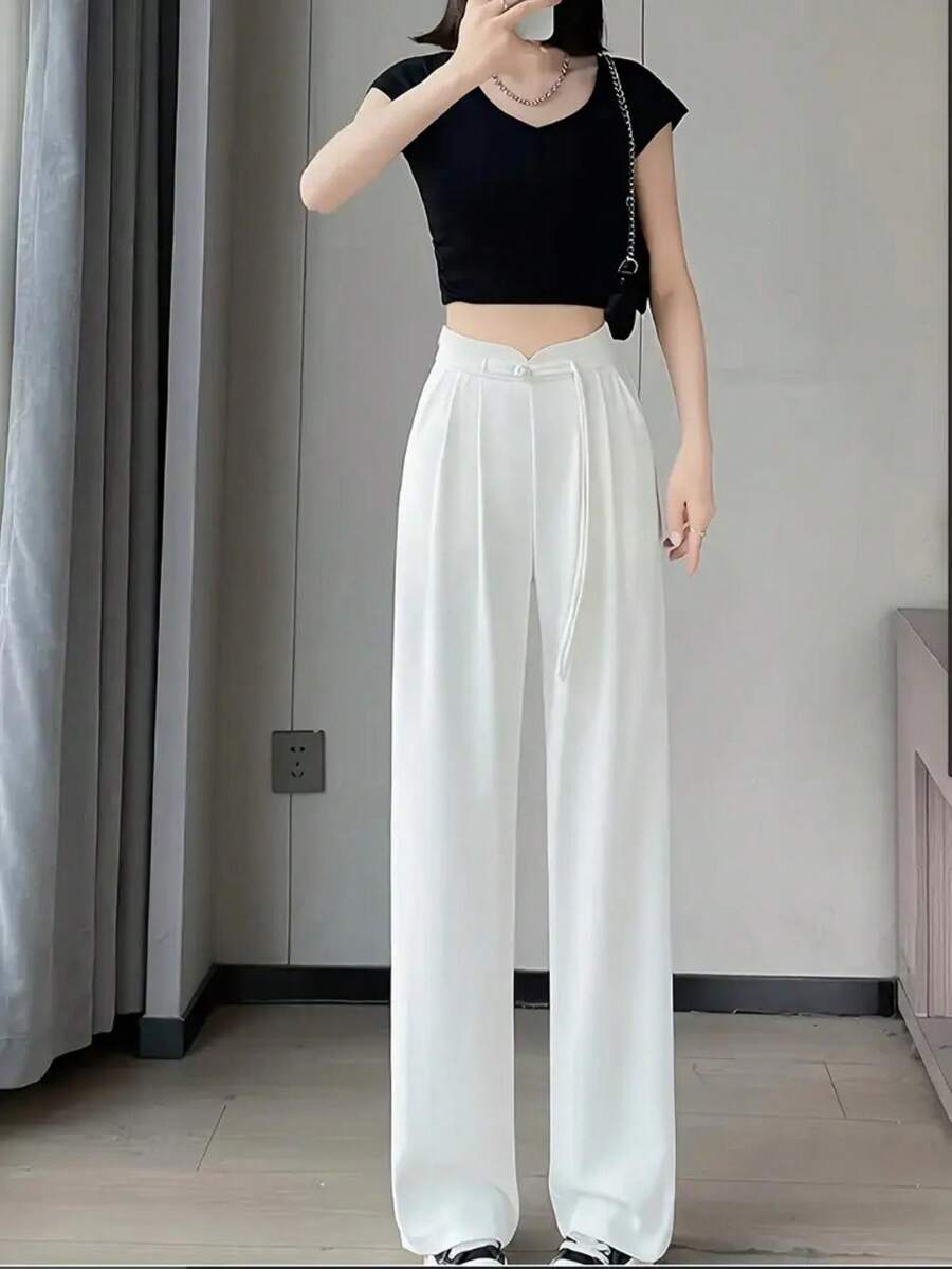 Women's High-End Pleated Drape Effect Narrow Leg Straight Pants, New Chinese Style